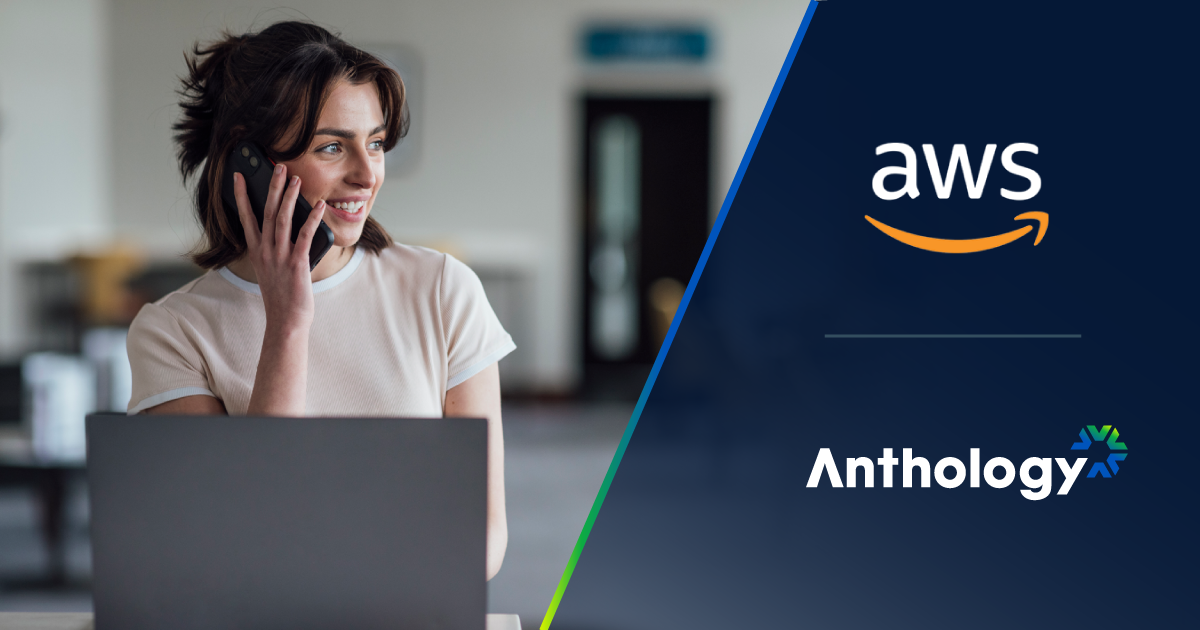 Woman on a phone with laptop on the left, AWS and Anthology logos on the right