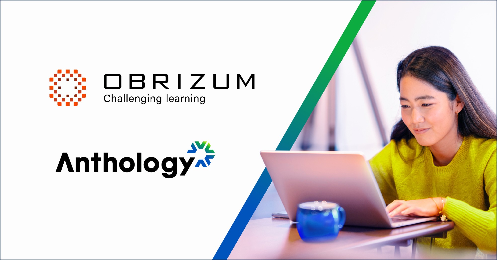 Obrizum logo and Anthology logo on the left. Image of woman working on her laptop on the right.