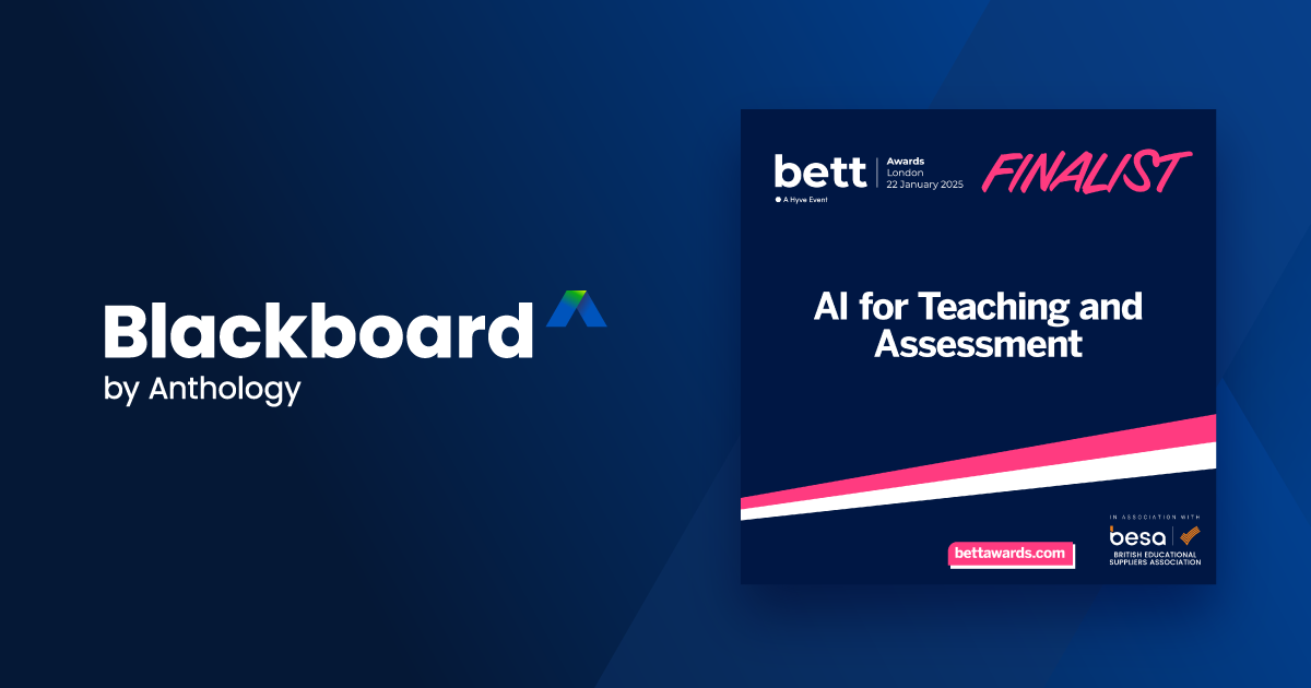 Image of "Blackboard by Anthology" logo and "bett Awards Finalist for AI for Teaching and Assessment."