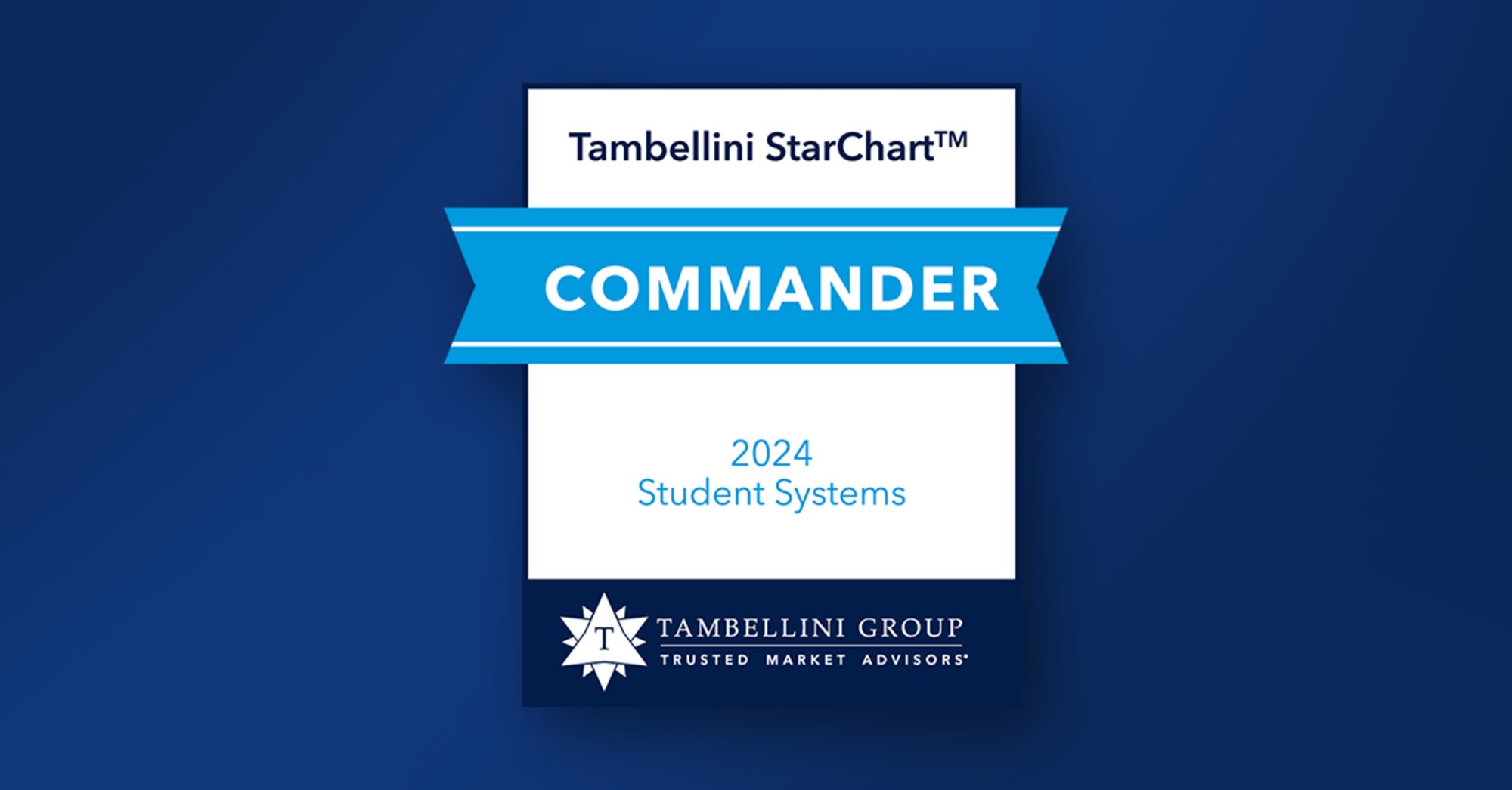 Tambellini student systems commander badge over a blue gradient background