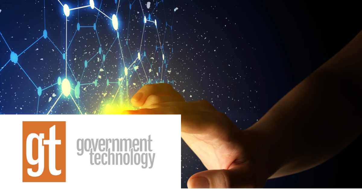 A hand reaching towards a glowing digital network with a "gt" and "government technology" logo.