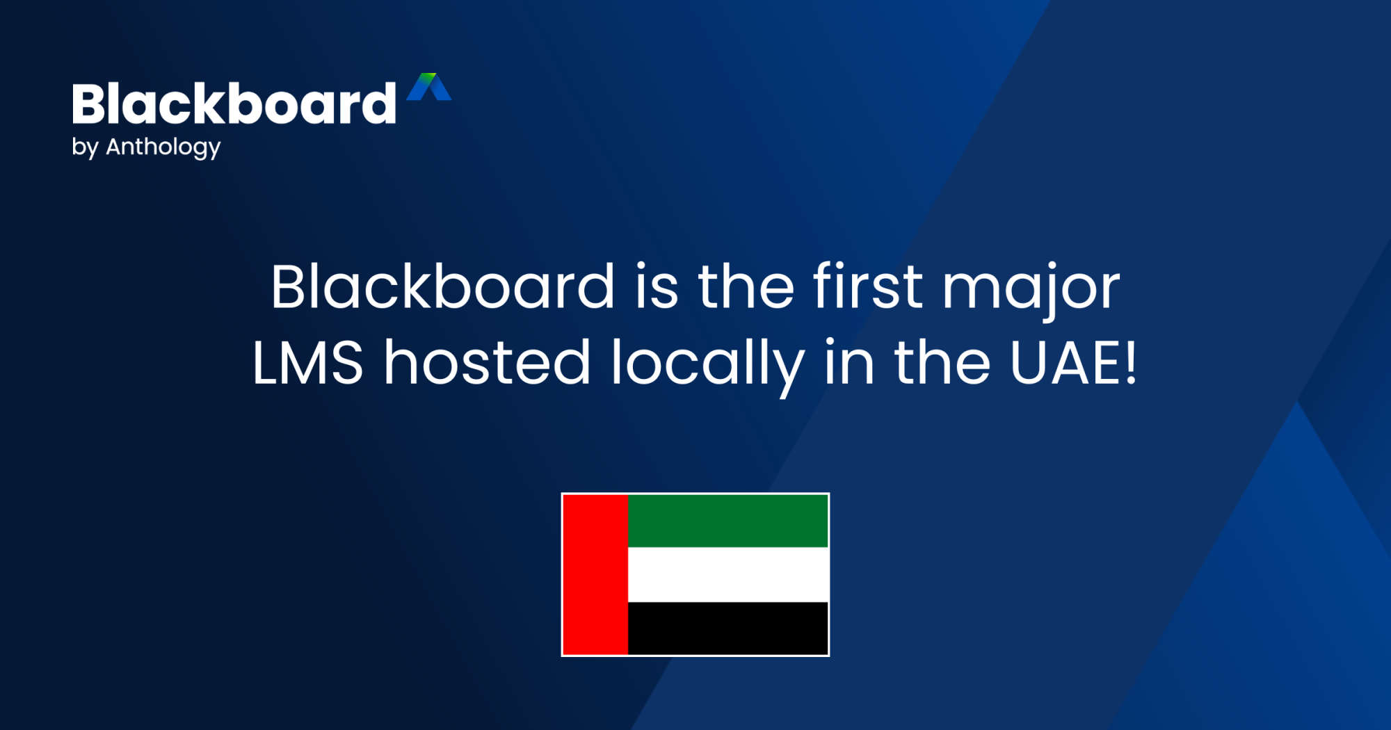 Announcement about Blackboard being the first LMS hosted in the UAE, with UAE flag. Transcribed Text: Blackboard by Anthology. Blackboard is the first major LMS hosted locally in the UAE!